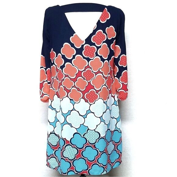 𝅺KAARI Blue 3/4 Sleeve Cold Shoulder Shift Dress - Picture 7 of 8